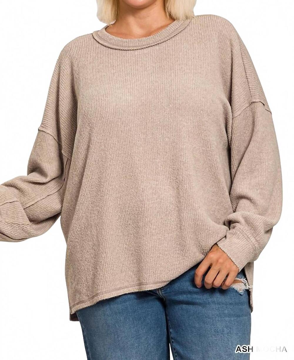 NEW ZENANA brushed hacci drop shoulder sweater in ash mocha
